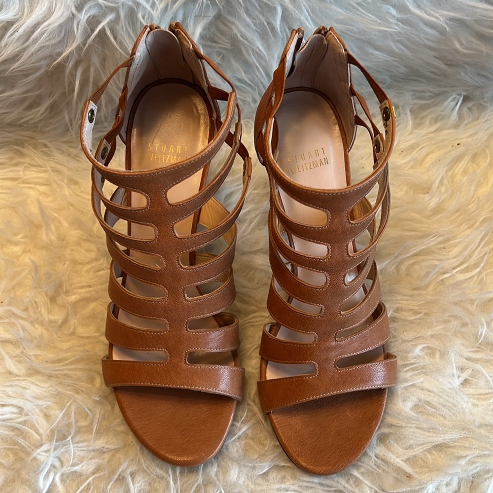 Stuart Weitzman Women’s Outing Strappy Cage Camel Nude/Brown Sandal Size 8.5 US - Picture 5 of 17